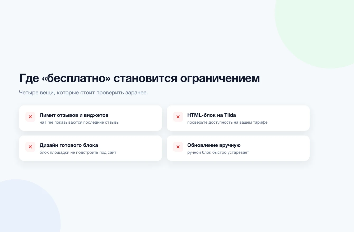 Ограничения бесплатного виджета отзывов: лимит отзывов, HTML на Tilda, дизайн готового блока и обновления